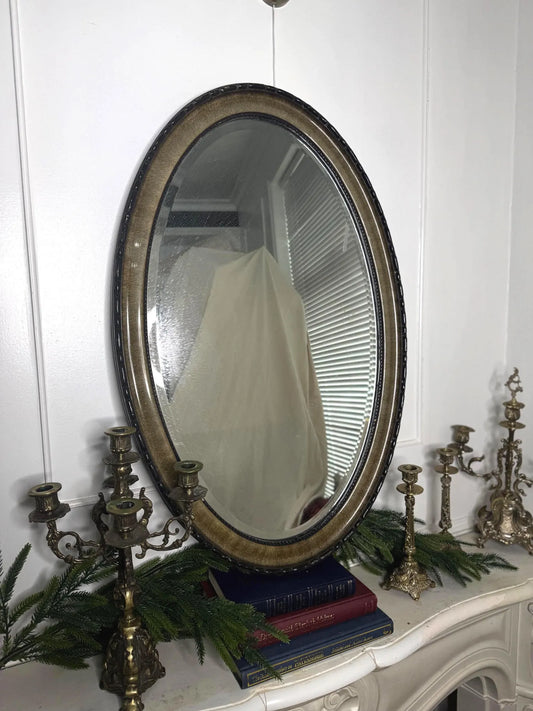 Vintage Oval Bevelled Mirror: Large Rare Framed