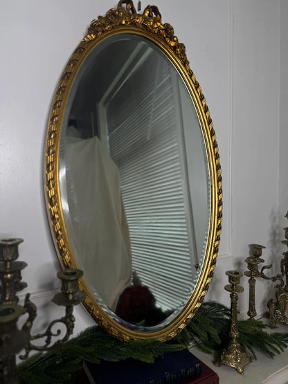 Vintage Oval Gilt Ribbon-Top Bevelled Mirror
