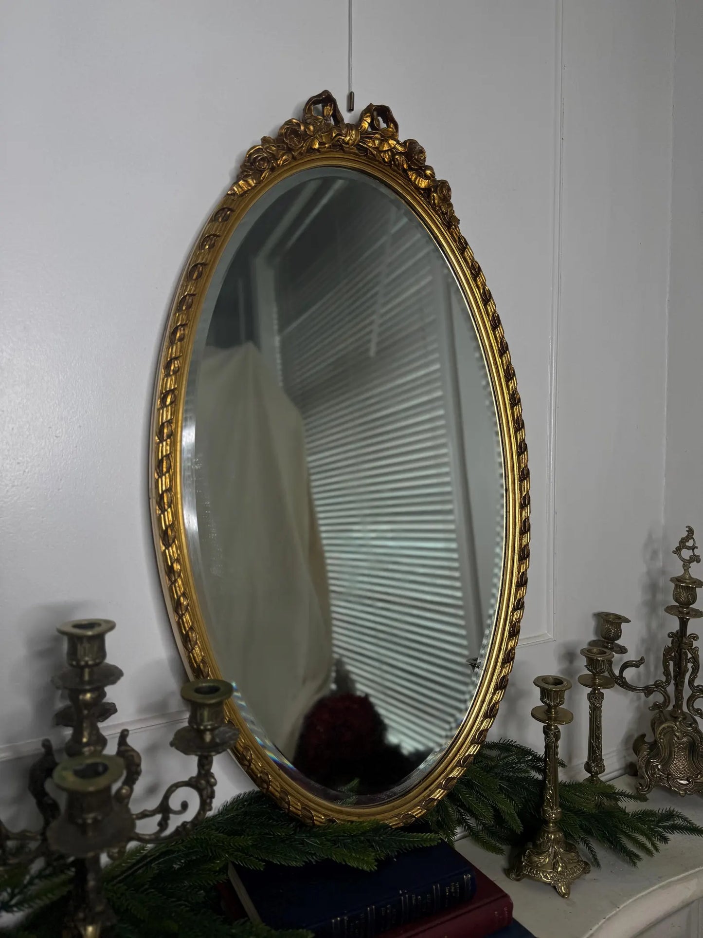 Vintage Oval Gilt Ribbon-Top Bevelled Mirror