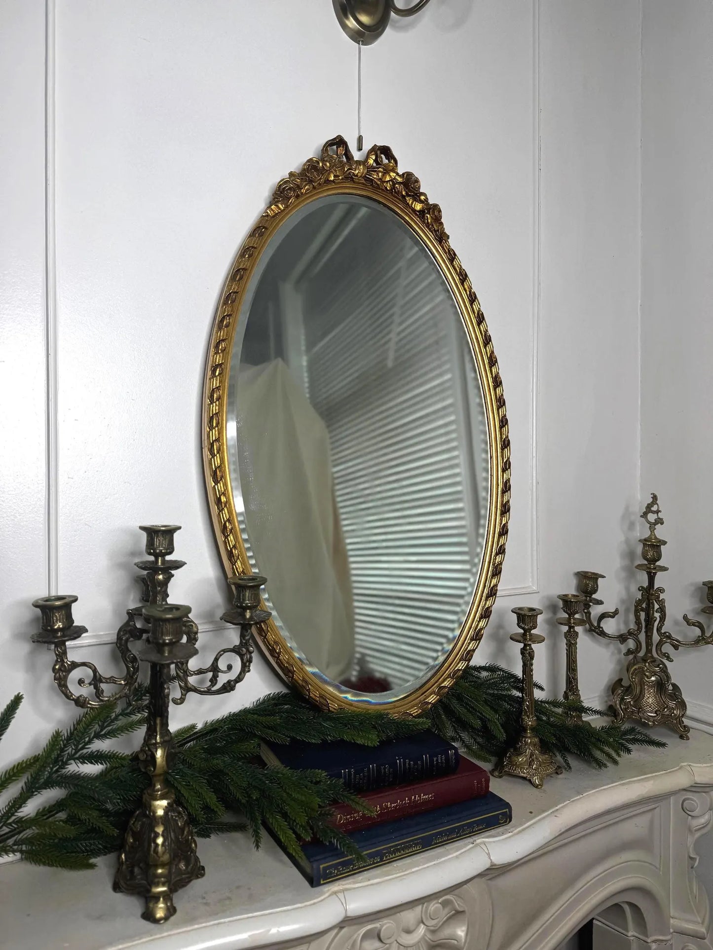 Vintage Oval Gilt Ribbon-Top Bevelled Mirror