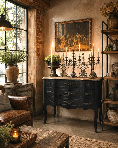 Upcycled French-Style Curved Chest of Drawers | Black Noir Vintage Dresser