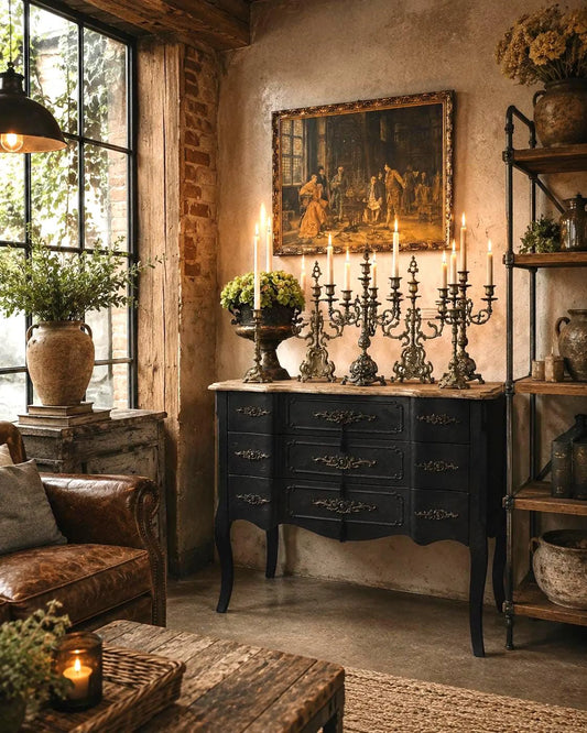 Upcycled French-Style Curved Chest of Drawers | Black Noir Vintage Dresser