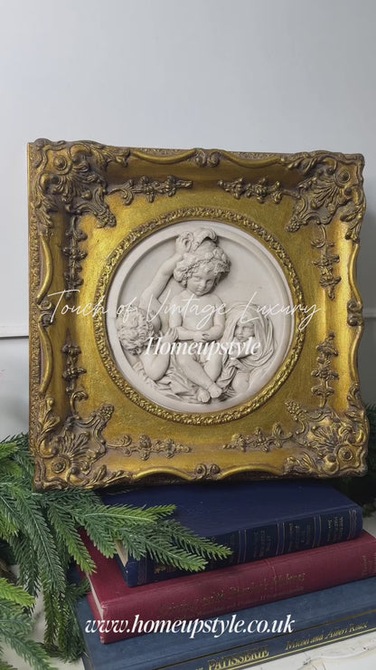 Cherubs in Marble– Antique Stone Relief In an Ornate Gilt Frame