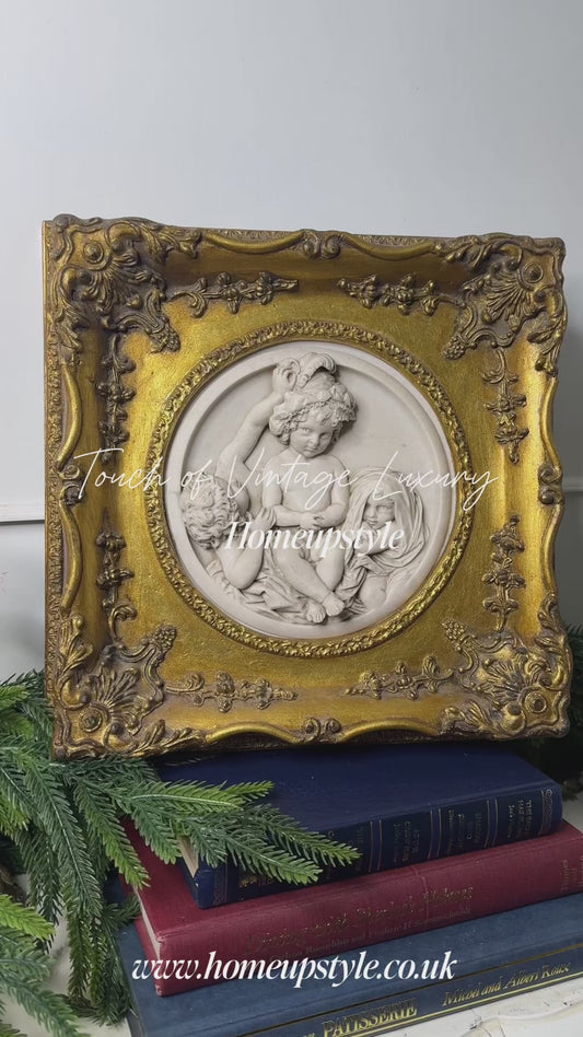 Cherubs in Marble– Antique Stone Relief In an Ornate Gilt Frame