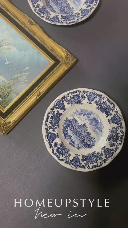 Vintage Blue Willow Plates & Framed Heritage Painting Gallery Wall Set