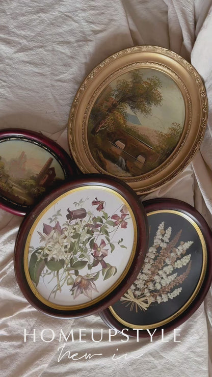 Vintage Oval Landscape Oil Painting in Burgundy Resin Frame