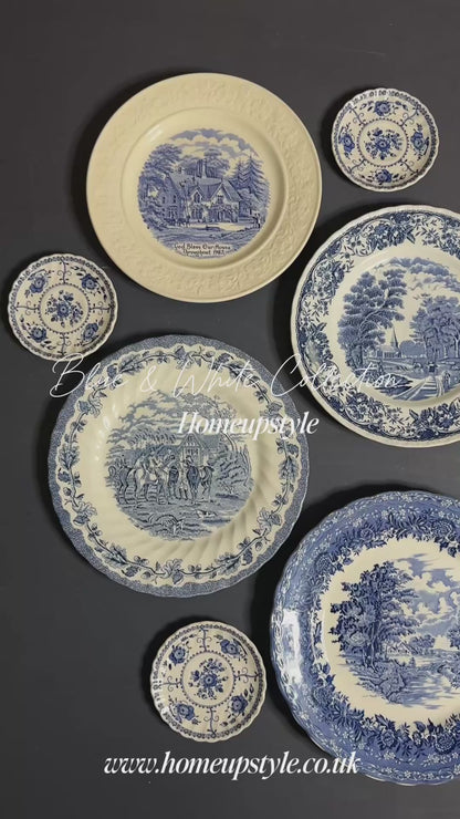 Vintage Kitchen Gallery Wall Set: Blue & White - Willow Style English Plates