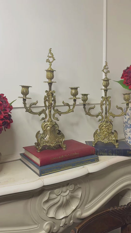 Vintage Rococo Style Brass Candelabra, Ornate 3-Arm Candlestick Holder Pair with Matching Candle Snuffer