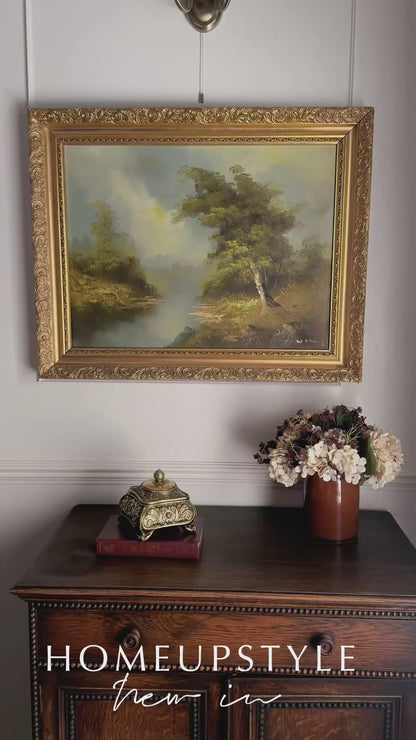 Vintage Mid Century Riverscape Oil Painting in Ornate Gold Rococo Frame 74x59 cm