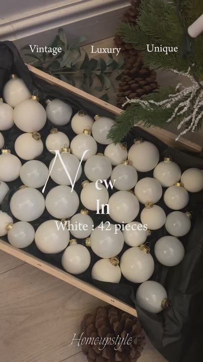 White & Off-White European Glass Christmas Baubles – Mixed Sizes, Set of 42