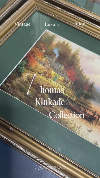 Thomas Kinkade – Framed Print Gallery Wall Set with Green Mounts in Gold Frames