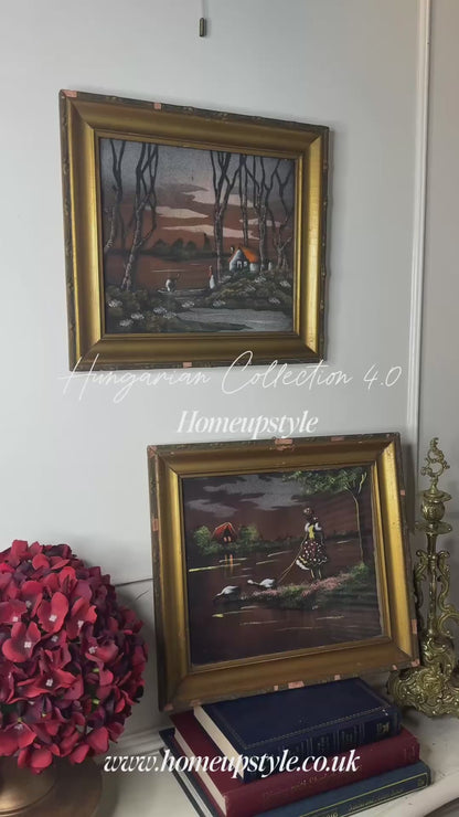 Hungarian Textile Artwork Set in Gold Gilt Frames – Antique Pair (c. 1950s)