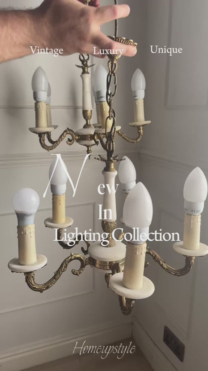 Vintage Italian Alabaster Chandelier, Brass Bronze 5 Arm Light, Mid Century Ceiling Light