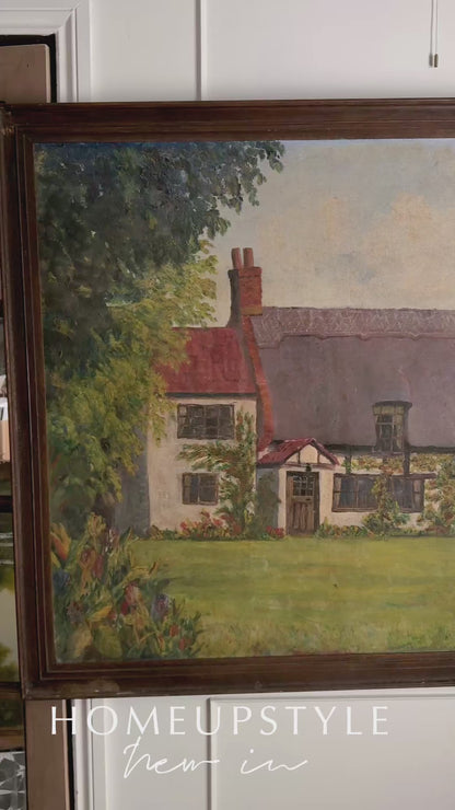 Extra Large English Cottage Oil Painting –Framed Rustic Thatched Farmhouse Scene 127 x 99 cm