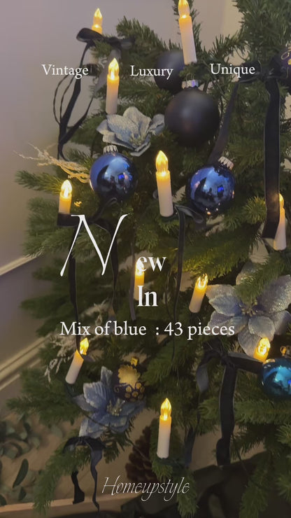 Blue European Glass Christmas Baubles – Mixed Sizes, Set of 43