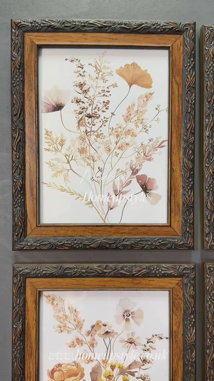 Floral Reverie – Vintage Gallery Wall Set in Wooden Carved Frames