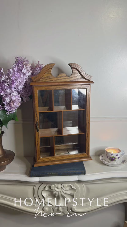 Vintage Wooden Wall Display Cabinet – Glass Fronted Trinket Shelf with Mirror Back