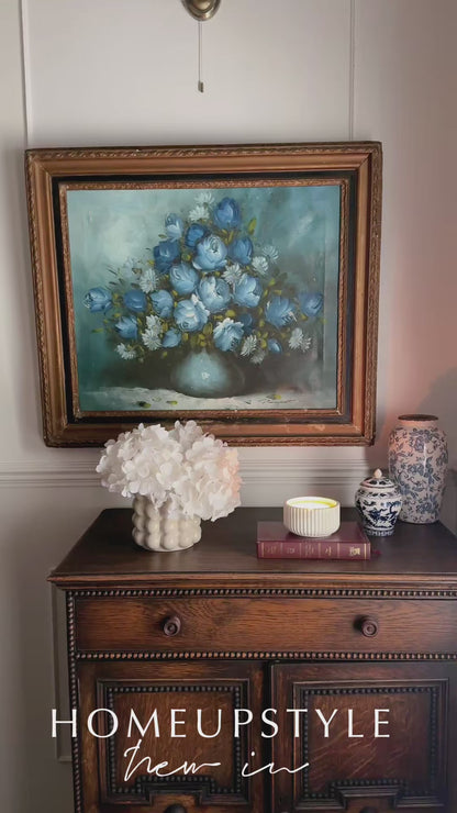 Roy Pasanault Large Floral Oil Painting Blue White Flowers in Gold Frame