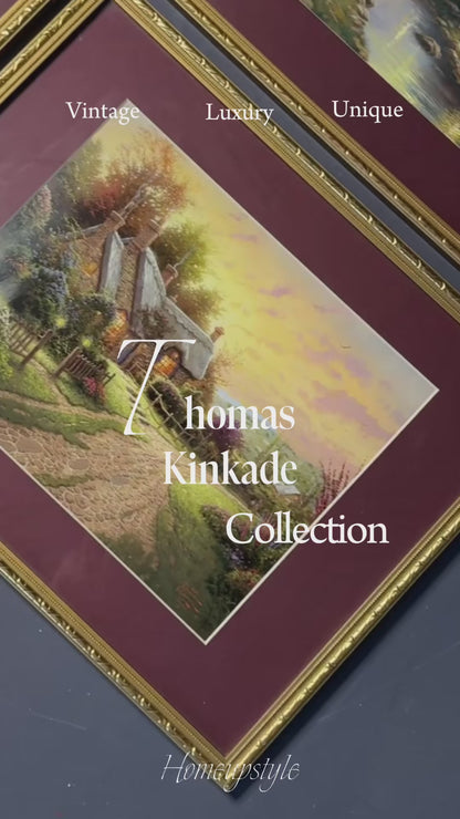 Thomas Kinkade – Framed Print Gallery Wall Set with Burgundy Mount in Gold Frame