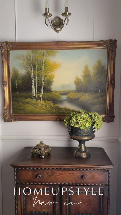 Vintage Large Landscape Oil Painting – Woodland River Scene, Ornate Gilt Frame (104 x 74 cm)