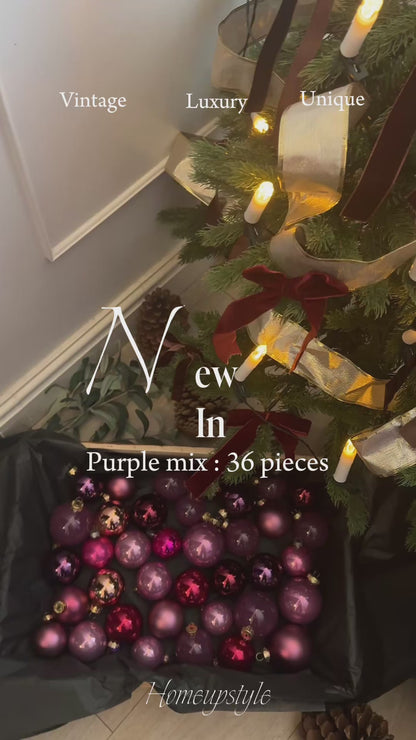 Purple European Glass Christmas Baubles – Mixed Sizes, Set of 36