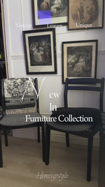 Mid-Century Retro Wooden Chairs (Pair) | Upcycled Black & Tweed Dining Chairs | Herringbone Upholstery