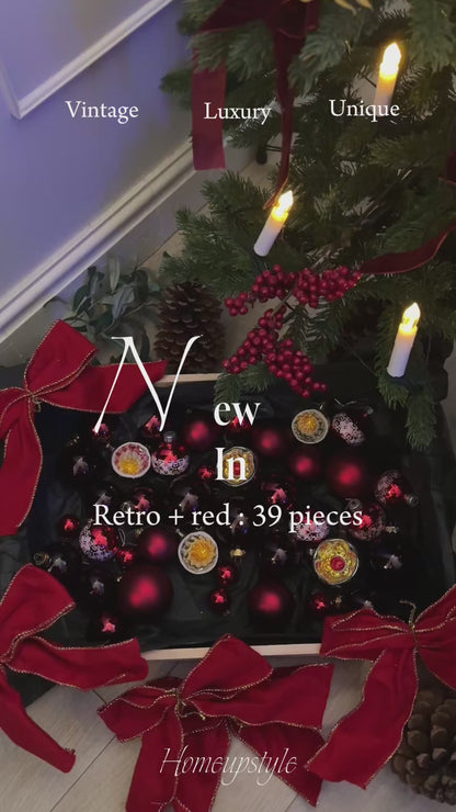 Red European Glass Christmas Baubles – Mixed Sizes , Retro , 39 Pieces