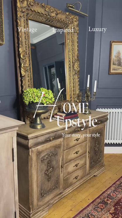 Vintage French-Inspired Upcycled Sideboard | Heavily Distressed 7-Drawer + 2 Cabinet Buffet with Original Brass Handles