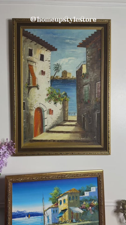 Vintage Bright Mediterranean Oil Paintings – Hand-Painted, Gilt Framed Pieces
