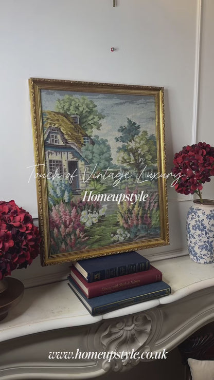 The Florentine Cottage-Hand-Stitched Floral Countryside in Gilt Frame
