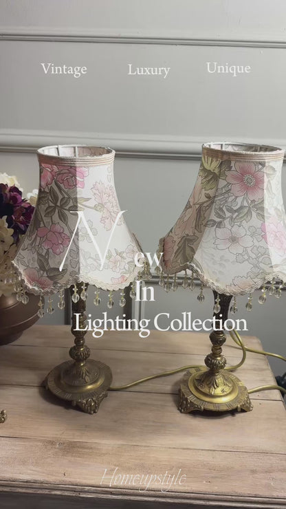 Vintage Brass Candlestick Table Lamps with Floral Lampshades  – Matching Pair