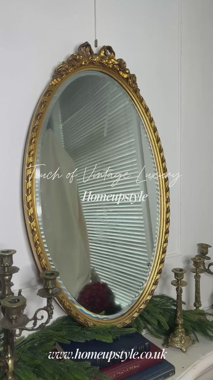 Vintage Oval Gilt Ribbon-Top Bevelled Mirror