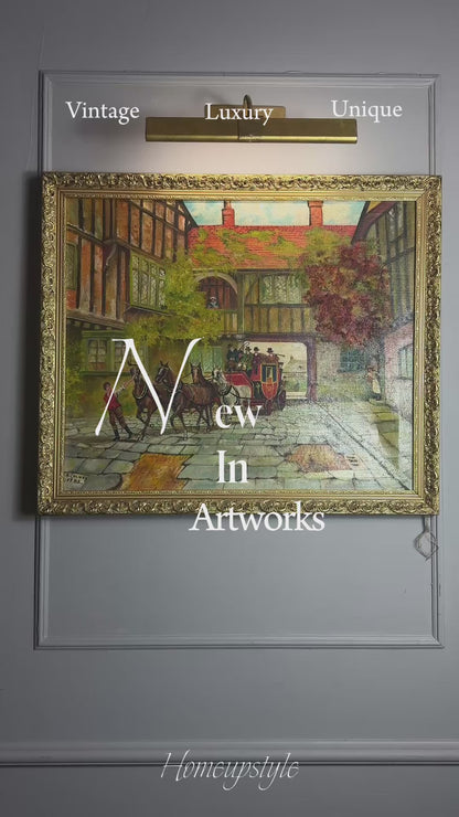 Original Vintage Oil Painting – English Coaching Inn Courtyard Scene by A. Calway '82
