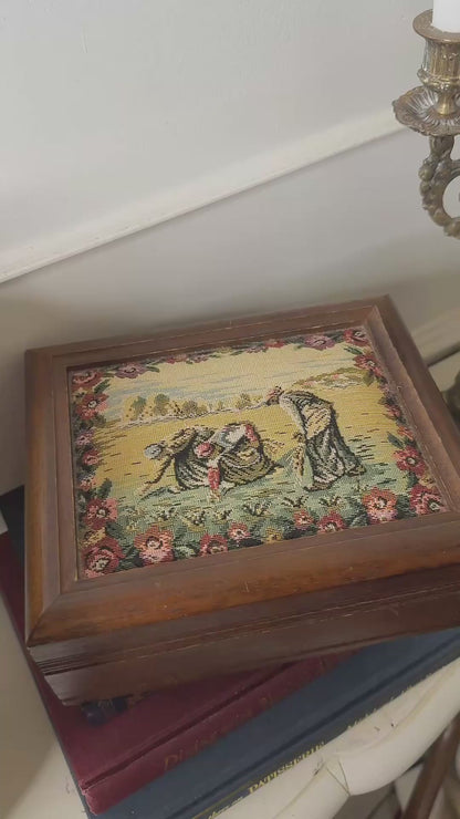 Vintage Wooden Jewellery Box with Tapestry Top
