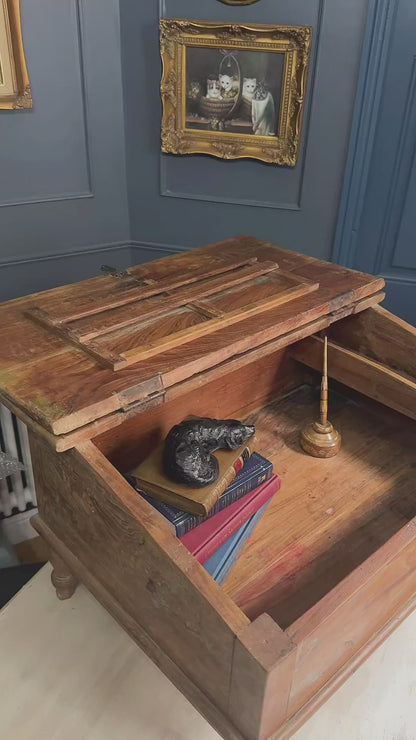 Victorian Clerk’s Desk – Antique Pine Tabletop Writing Desk with Padlock Latch, Aged Rustic Greeting Desk, Collectible Restaurant Host Stand