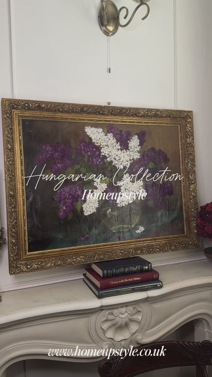 Large Imported Hungarian Oil Painting of Lilac in Ornate Gold Gilt Frame