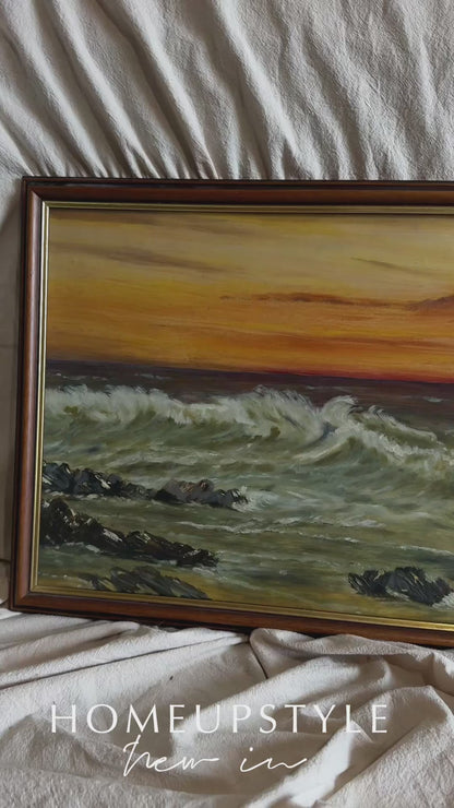 Vintage " Seascape with Rocks " Oil Painting by M.Howarth 1978