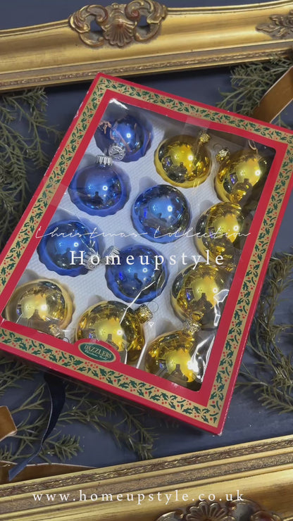 Vintage German Glass Christmas Bauble Set of 12 -Gold & Blue