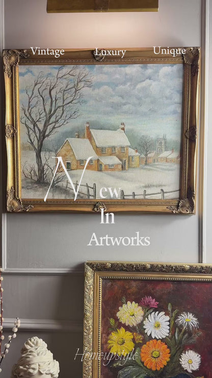 Vintage Winter Scenery Oil Painting by E. Henstock Ornate Gold Gilt Frame