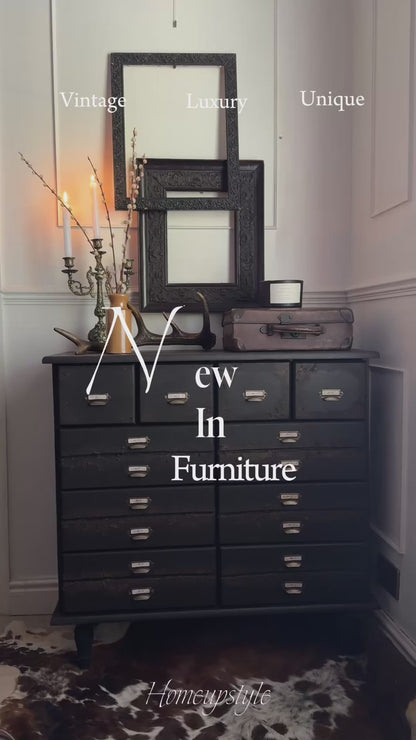 Black Apothecary Style Chest of Drawers |  Distressed Vintage Pine Dresser | | Rustic Storage Unit