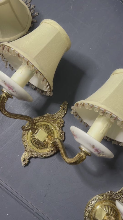 Capodimonte Style Brass and Fine Ceramic Vintage Chandelier + Wall Light Set | Porcelain White & Pink Flowers | Imported from Spain