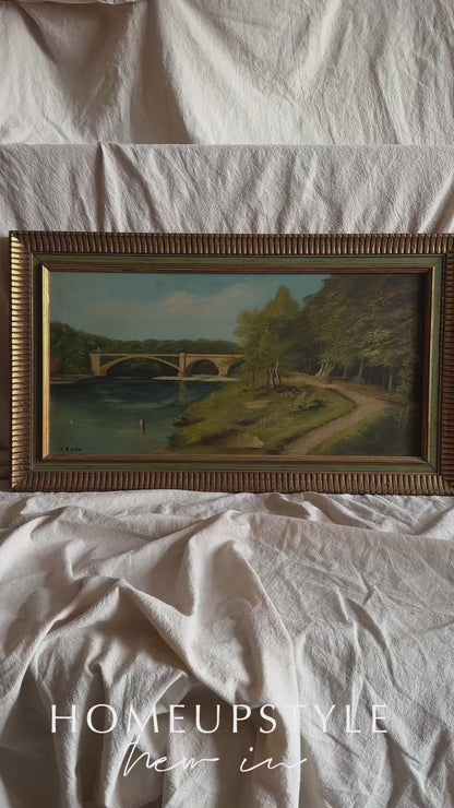 English Landscape Oil Painting by R.Nicol– Lower Hodder Bridge Scene Gold & Green Frame