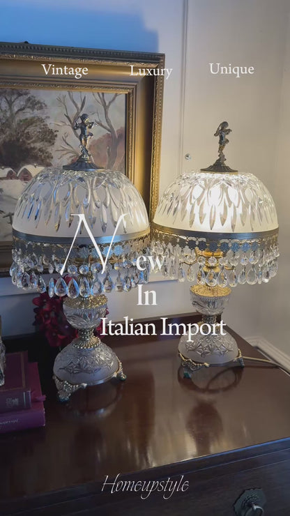 Vintage Italian Crystal Boudoir Lamps Pair – Hollywood Regency Cherub Nightstand 1940s