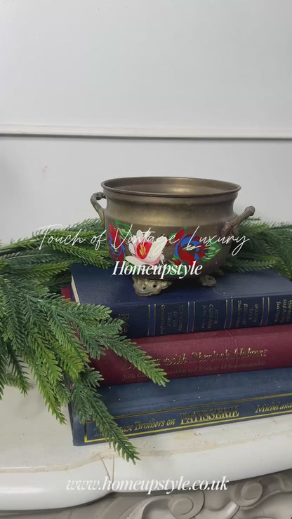 Hand-Painted Brass Pot | Vintage Folk Floral Pattern Planter