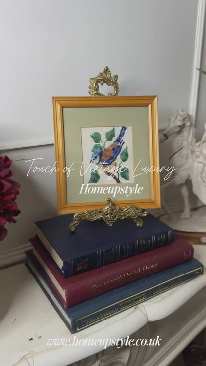 Springtime Songbird – Vintage Embroidery in Oak Frame