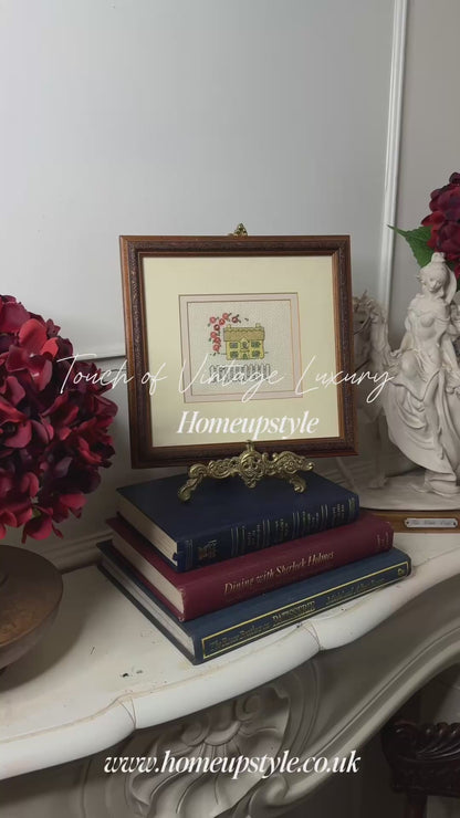 Meadow View Cottage – Vintage Embroidery Art in Carved Wood Frame
