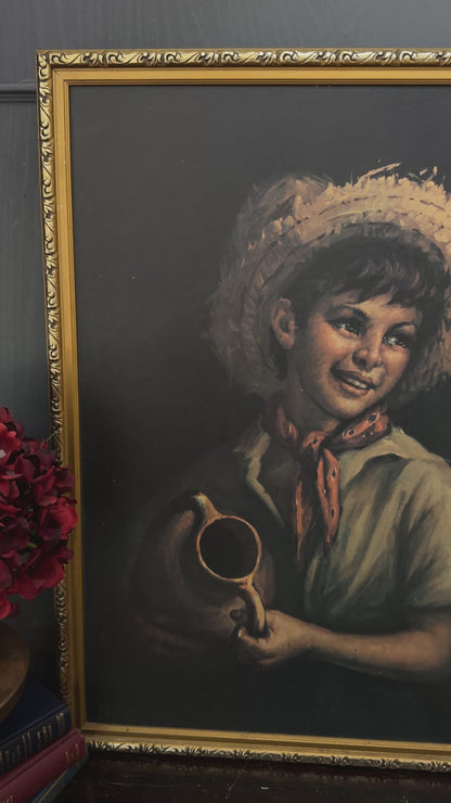 Vintage Textured Print - Country Boy in a Gold Gilt Frame