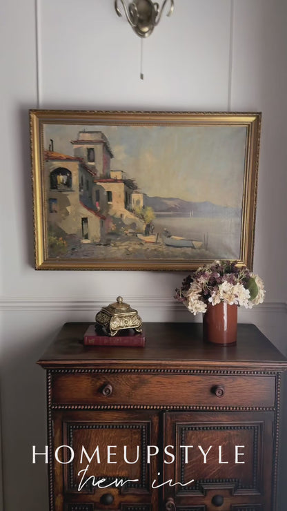 Vintage Mediterranean Coastal Oil Painting, Italian Seaside Village Art,Impressionist Landscape