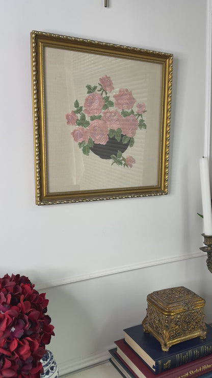 Blush & Bloom – Vintage Embroidered Pink Bouquet in Gilt Frame
