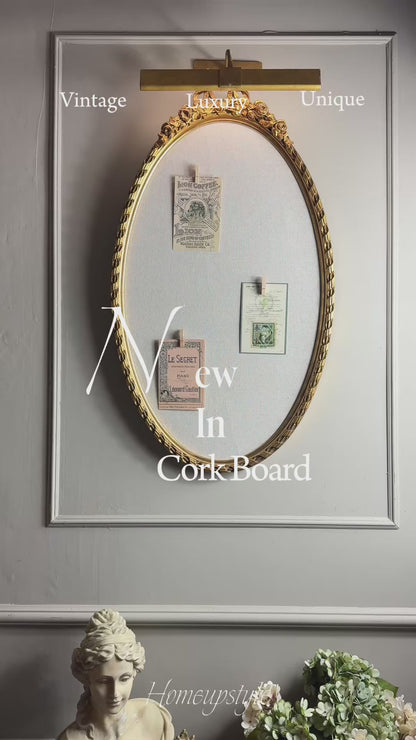 Vintage French-Style Gilt Oval Bulletin Board – Fabric Notice Board with Bow, c.1958
